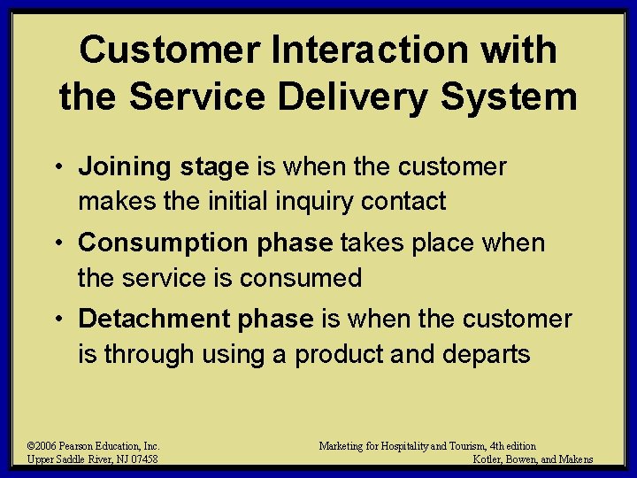 Customer Interaction with the Service Delivery System • Joining stage is when the customer