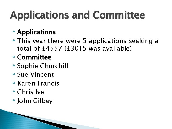 Applications and Committee Applications This year there were 5 applications seeking a total of