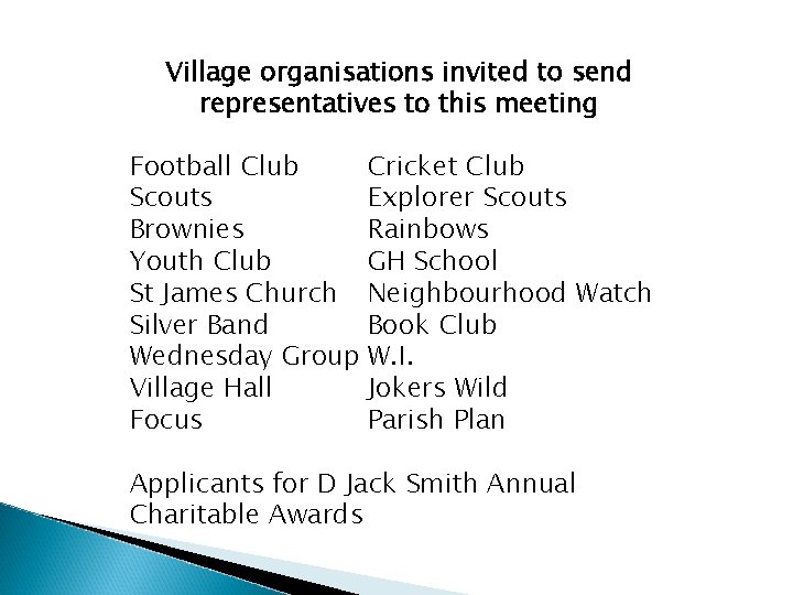 Village organisations invited to send representatives to this meeting Football Club Cricket Club Scouts