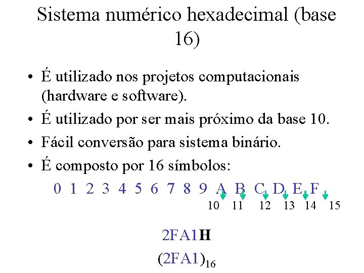 Sistema numérico hexadecimal (base 16) • É utilizado nos projetos computacionais (hardware e software).