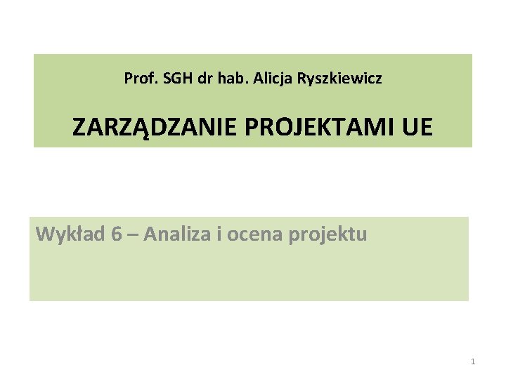 Prof. SGH dr hab. Alicja Ryszkiewicz ZARZĄDZANIE PROJEKTAMI UE Wykład 6 – Analiza i