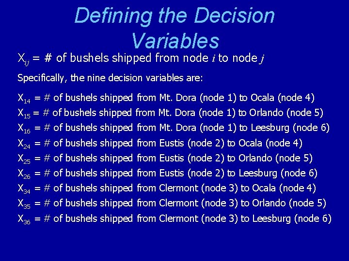 Defining the Decision Variables Xij = # of bushels shipped from node i to