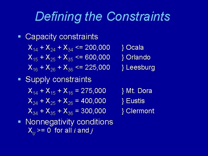 Defining the Constraints § Capacity constraints X 14 + X 24 + X 34