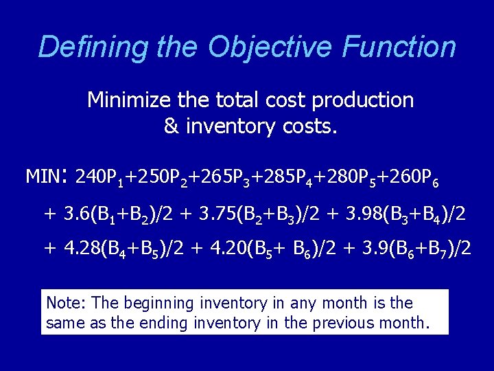 Defining the Objective Function Minimize the total cost production & inventory costs. MIN: 240