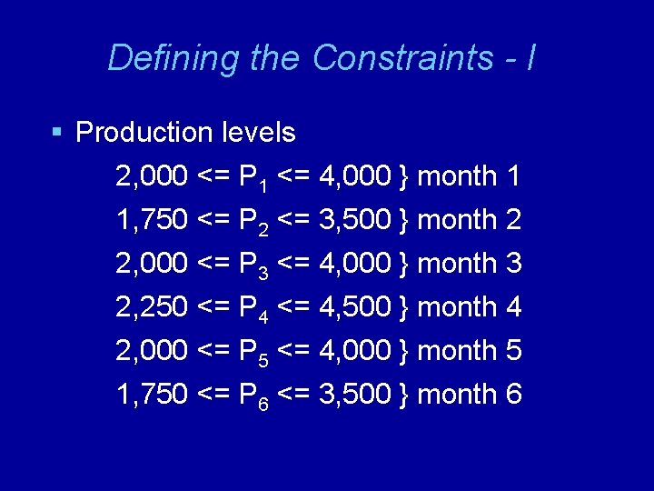 Defining the Constraints - I § Production levels 2, 000 <= P 1 <=