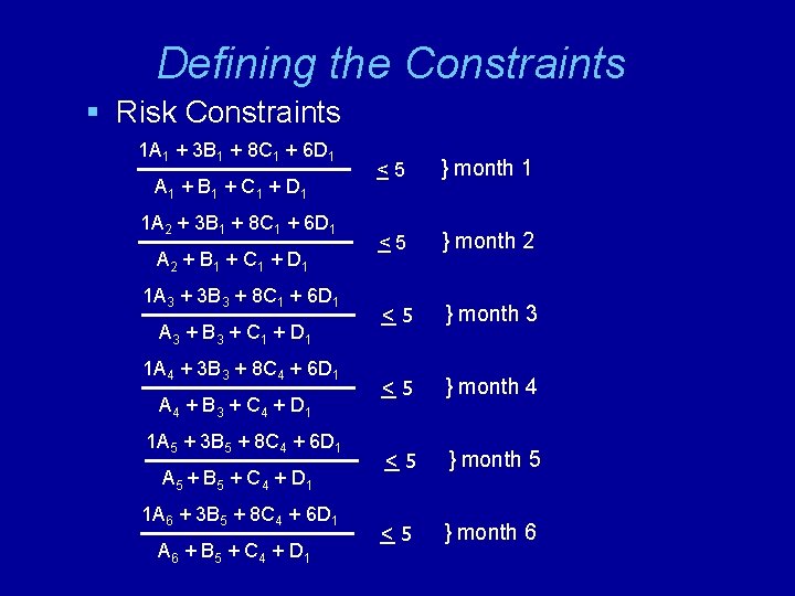 Defining the Constraints § Risk Constraints 1 A 1 + 3 B 1 +