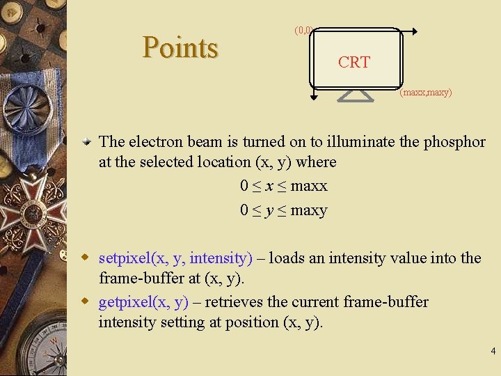 Points (0, 0) CRT (maxx, maxy) The electron beam is turned on to illuminate