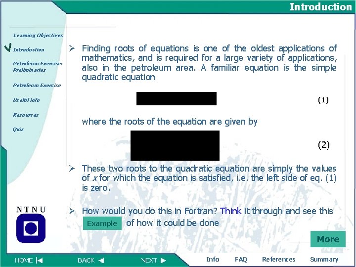 Introduction Learning Objectives Introduction Petroleum Exercise: Preliminaries Petroleum Exercise Ø Finding roots of equations