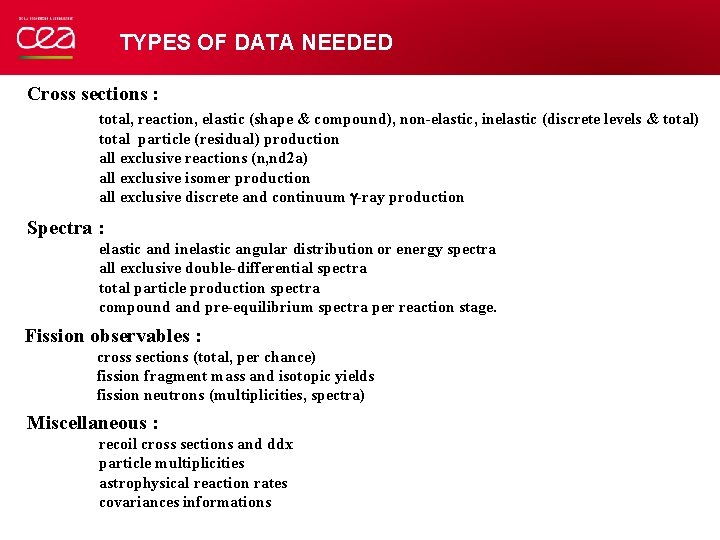TYPES OF DATA NEEDED Cross sections : total, reaction, elastic (shape & compound), non-elastic,