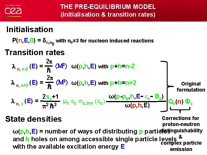 THE PRE-EQUILIBRIUM MODEL (Initialisation & transition rates) Initialisation P(n, E, 0) = n, n