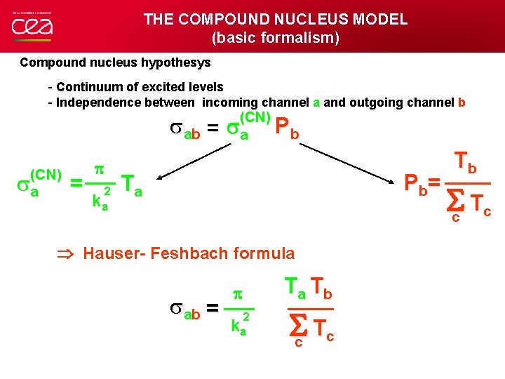 THE COMPOUND NUCLEUS MODEL (basic formalism) Compound nucleus hypothesys - Continuum of excited levels
