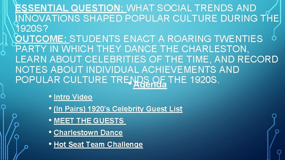 ESSENTIAL QUESTION: WHAT SOCIAL TRENDS AND INNOVATIONS SHAPED POPULAR CULTURE DURING THE 1920 S?