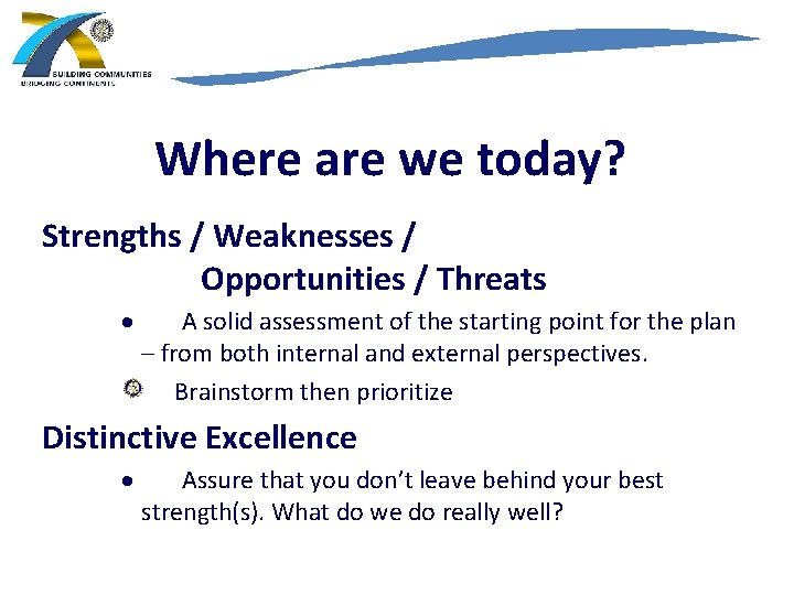 Where are we today? Strengths / Weaknesses / Opportunities / Threats · A solid