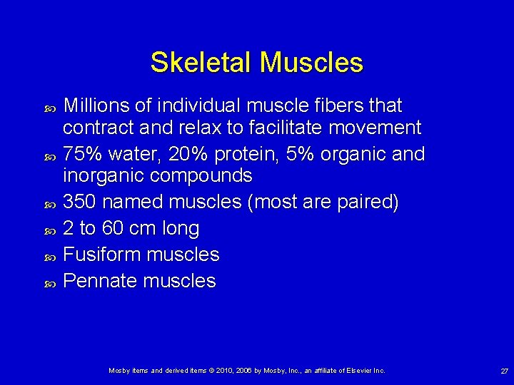 Skeletal Muscles Millions of individual muscle fibers that contract and relax to facilitate movement