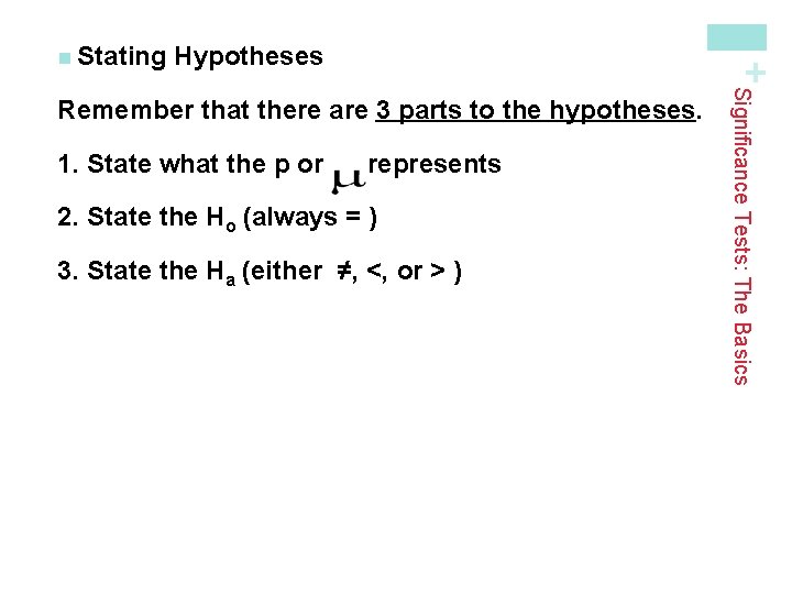 Hypotheses + n Stating 1. State what the p or represents 2. State the