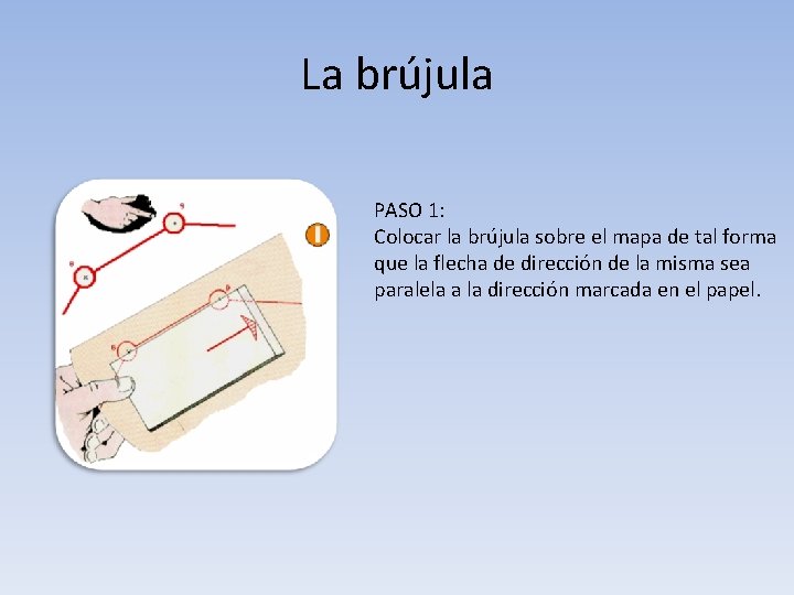 La brújula PASO 1: Colocar la brújula sobre el mapa de tal forma que