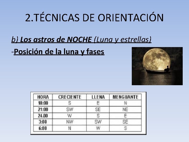 2. TÉCNICAS DE ORIENTACIÓN b) Los astros de NOCHE (Luna y estrellas) -Posición de