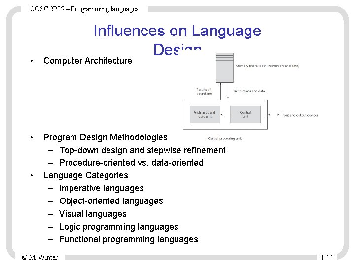 COSC 2 P 05 – Programming languages Influences on Language Design • Computer Architecture