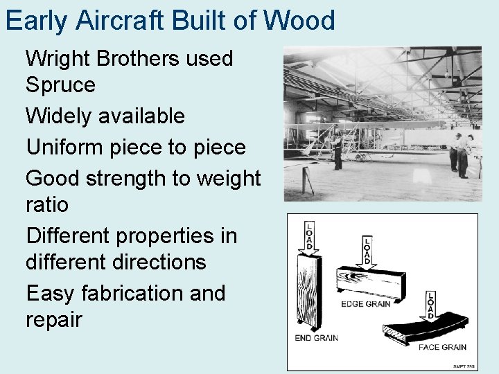 Early Aircraft Built of Wood Wright Brothers used Spruce Widely available Uniform piece to