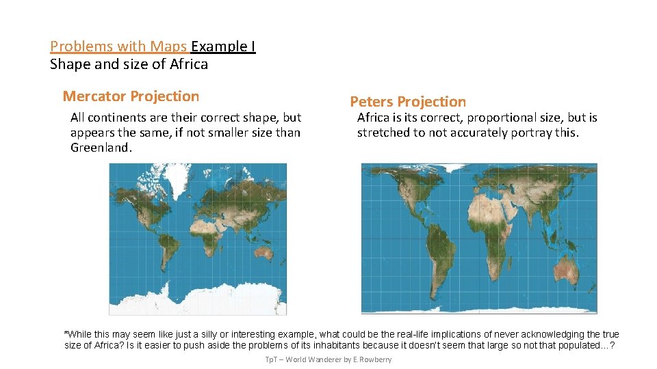 Problems with Maps Example I Shape and size of Africa Mercator Projection All continents