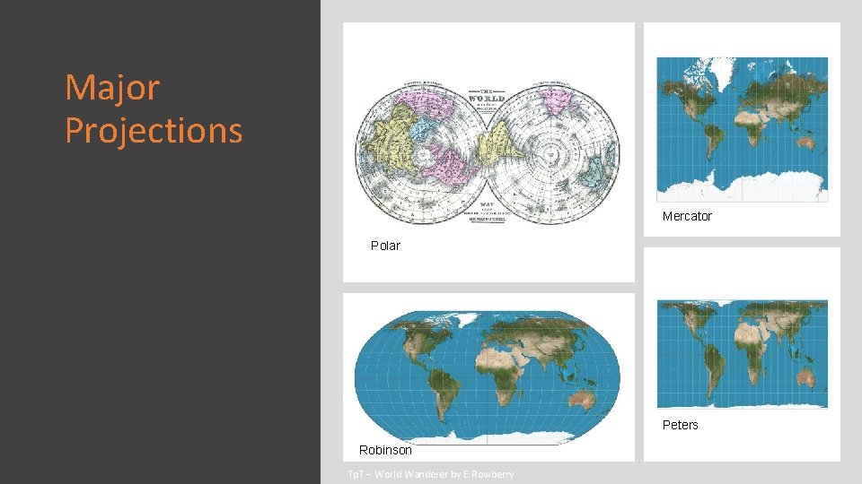 Major Projections Mercator Polar Peters Robinson Tp. T – World Wanderer by E. Rowberry