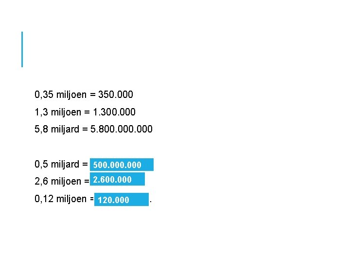 0, 35 miljoen = 350. 000 1, 3 miljoen = 1. 300. 000 5,