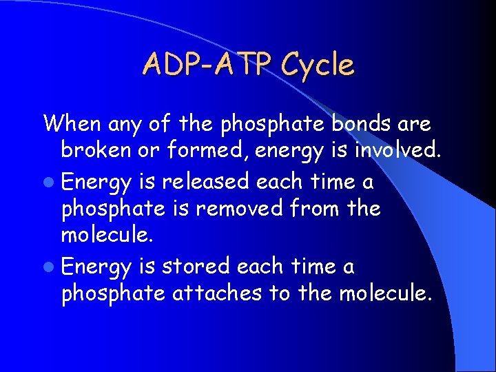 ADP-ATP Cycle When any of the phosphate bonds are broken or formed, energy is