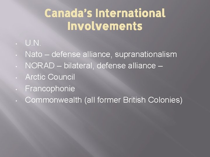 Canada’s International Involvements • • • U. N. Nato – defense alliance, supranationalism NORAD