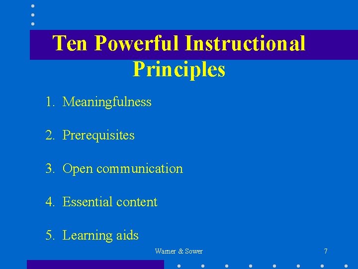 Ten Powerful Instructional Principles 1. Meaningfulness 2. Prerequisites 3. Open communication 4. Essential content