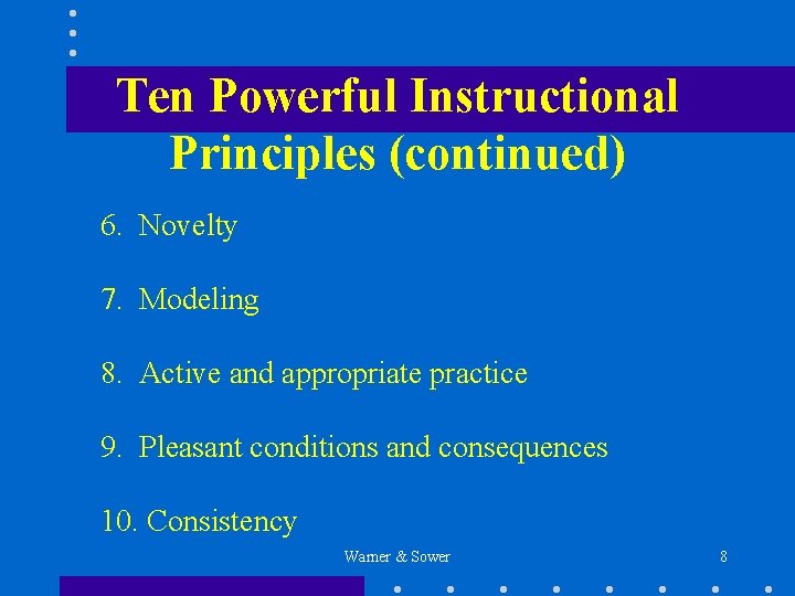 Ten Powerful Instructional Principles (continued) 6. Novelty 7. Modeling 8. Active and appropriate practice