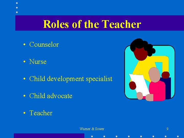 Roles of the Teacher • Counselor • Nurse • Child development specialist • Child