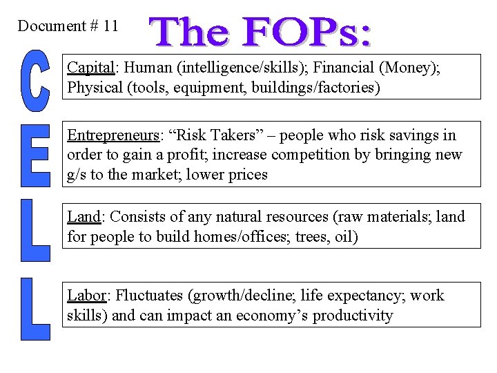 Document # 11 Capital: Human (intelligence/skills); Financial (Money); Physical (tools, equipment, buildings/factories) Entrepreneurs: “Risk