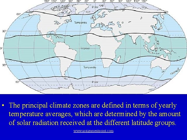  • The principal climate zones are defined in terms of yearly temperature averages,