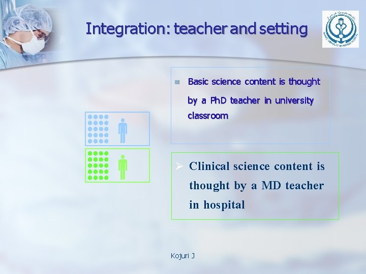 Integration: teacher and setting n Basic science content is thought by a Ph. D