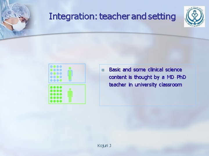 Integration: teacher and setting n Basic and some clinical science content is thought by