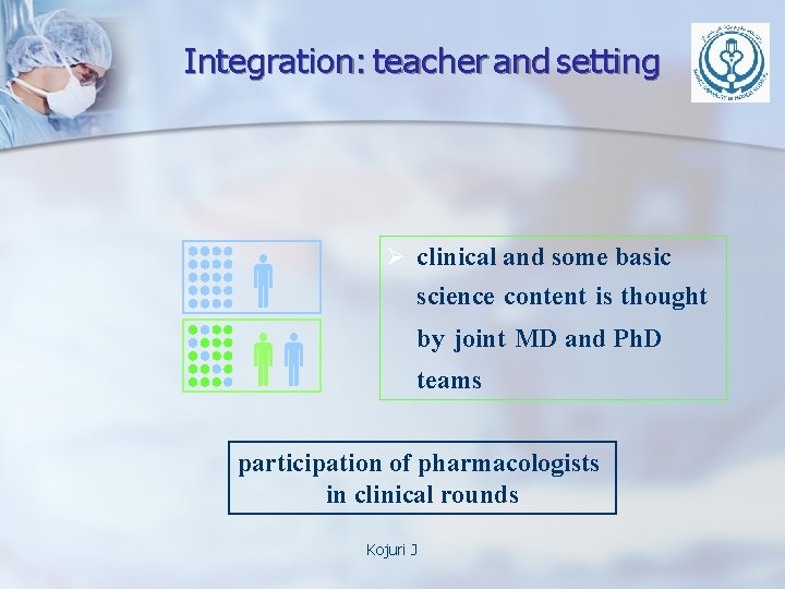 Integration: teacher and setting Ø clinical and some basic science content is thought by