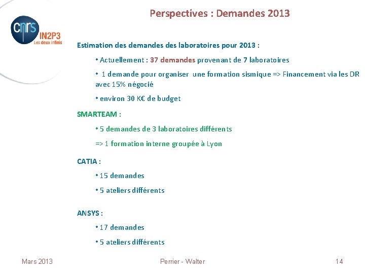 Perspectives : Demandes 2013 Estimation des demandes laboratoires pour 2013 : • Actuellement :