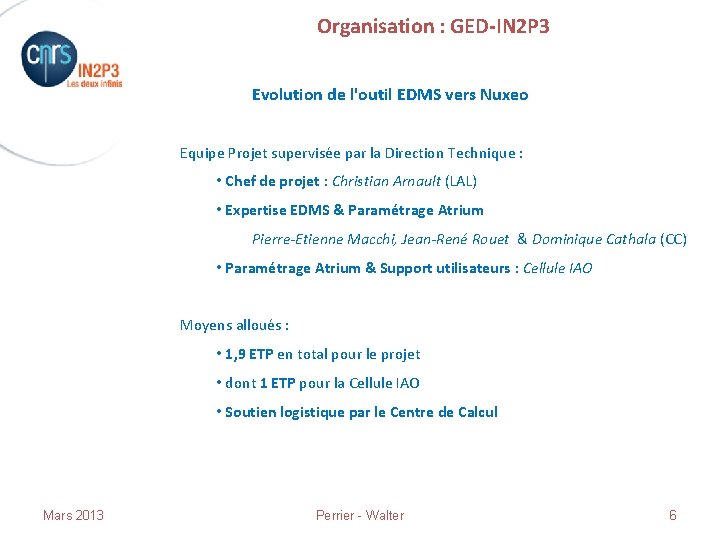 Organisation : GED-IN 2 P 3 Evolution de l'outil EDMS vers Nuxeo Equipe Projet