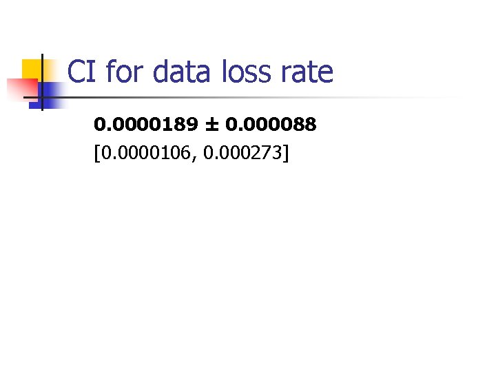 CI for data loss rate 0. 0000189 ± 0. 000088 [0. 0000106, 0. 000273]