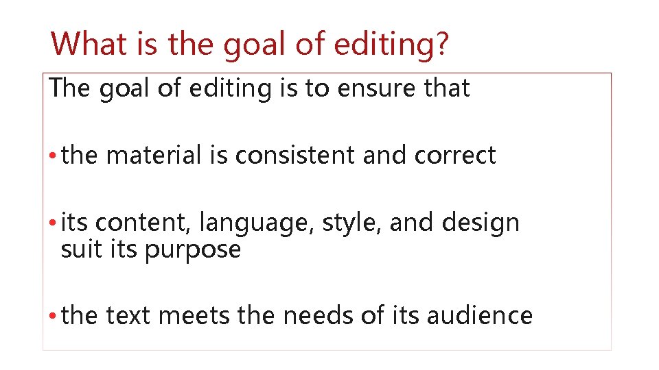 What is the goal of editing? The goal of editing is to ensure that
