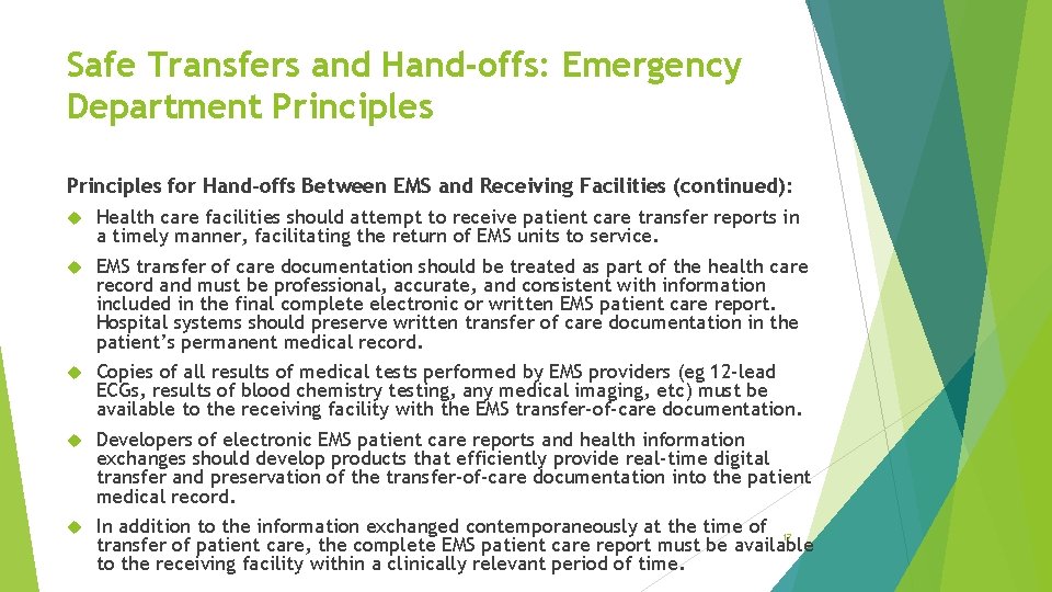 Safe Transfers and Hand-offs: Emergency Department Principles for Hand-offs Between EMS and Receiving Facilities