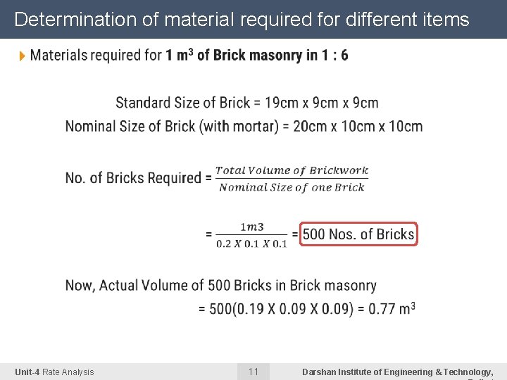 Determination of material required for different items 4 Unit-4 Rate Analysis 11 Darshan Institute Determination of material required for different items 4 Unit-4 Rate Analysis 11 Darshan Institute