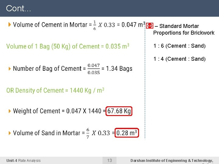 Cont… 4 – Standard Mortar Proportions for Brickwork 1 : 6 (Cement : Sand) Cont… 4 – Standard Mortar Proportions for Brickwork 1 : 6 (Cement : Sand)
