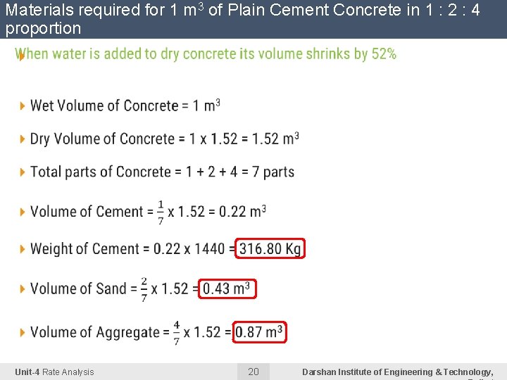 Materials required for 1 m 3 of Plain Cement Concrete in 1 : 2 Materials required for 1 m 3 of Plain Cement Concrete in 1 : 2