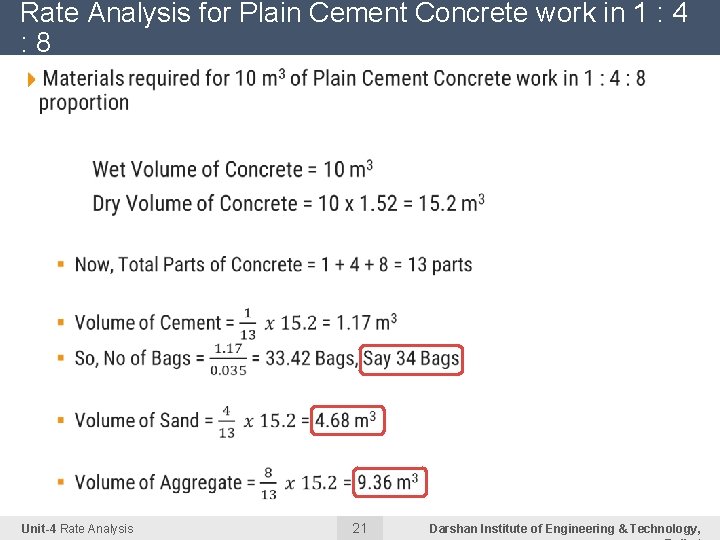 Rate Analysis for Plain Cement Concrete work in 1 : 4 : 8 4 Rate Analysis for Plain Cement Concrete work in 1 : 4 : 8 4