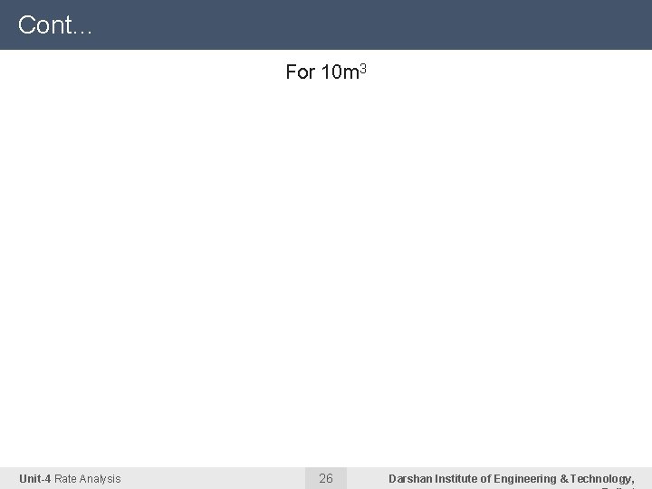 Cont… For 10 m 3 Particulars Quantity or Nos Rate Rs Cost P Rs Cont… For 10 m 3 Particulars Quantity or Nos Rate Rs Cost P Rs