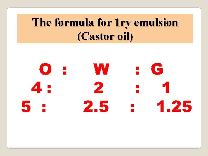 The formula for 1 ry emulsion (Castor oil) O : W 4: 2 5