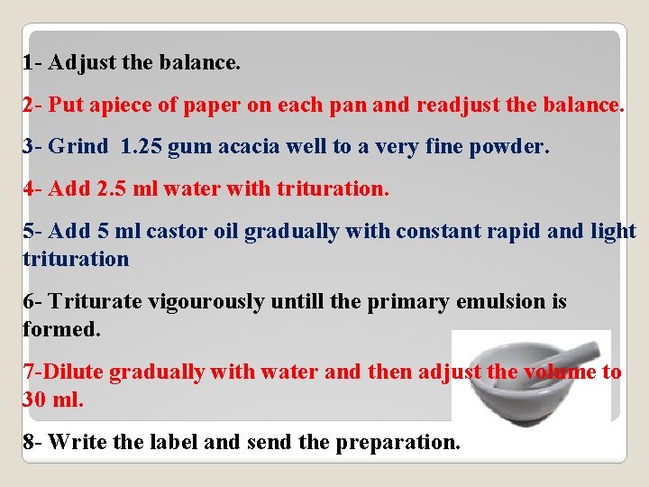 1 - Adjust the balance. 2 - Put apiece of paper on each pan