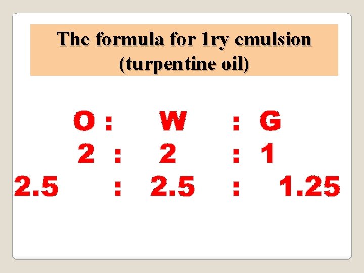 The formula for 1 ry emulsion (turpentine oil) O: W 2 : 2 2.