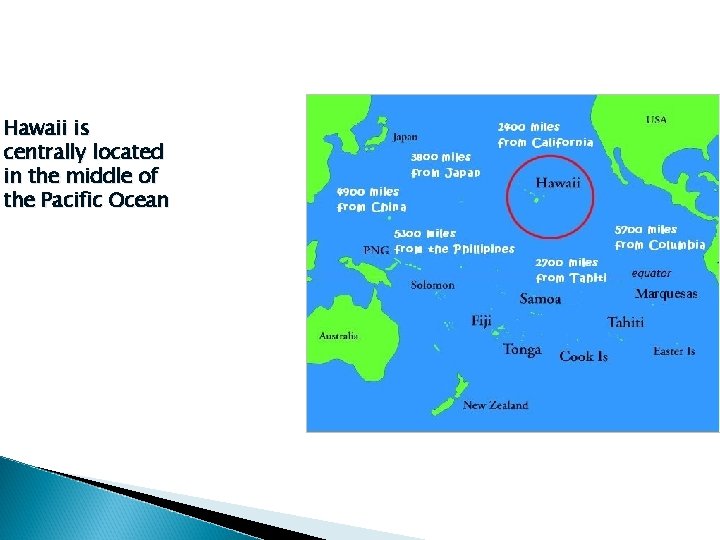 Hawaii is centrally located in the middle of the Pacific Ocean 